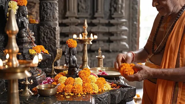Close-up of a hindu priest placing devotional orange marigold flowers near brass lamps inside a dark temple.