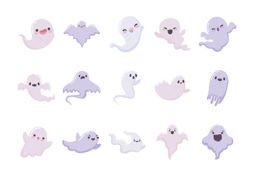 White Cute Flying Ghosts Illustrations Set