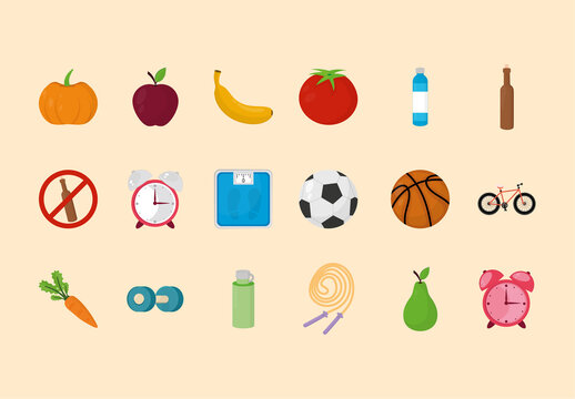 Colorful Fitness Fruit Sport Wellness Healthy Life Icons Set