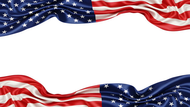 Flowing American flag border frame with stars and stripes on a solid black background