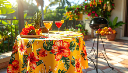 Enjoy a tropical getaway with refreshing cocktails and exotic fruits on a bright floral table. This sunny outdoor setting is ideal for travel, luxury leisure, and summer party themes.