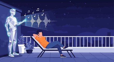 Futuristic Relaxation: A man enjoying music on a rooftop with AI assistance under starry night