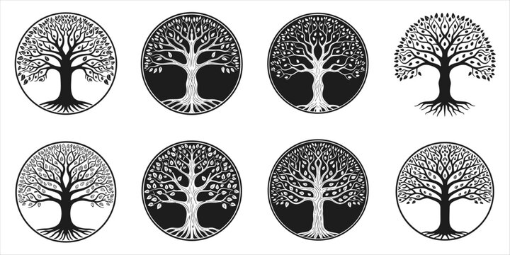 Collection of stylized circular tree of life emblems and silhouettes symbol circle