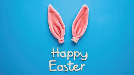 Minimal Easter Concept with Soft Pink Bunny Ears and Happy Easter Text on Blue Background