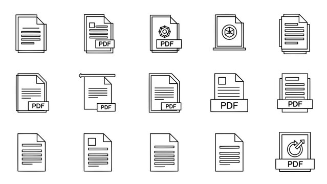 A collection of file icons, predominantly featuring documents with horizontal lines, some with PDF labels or icons
