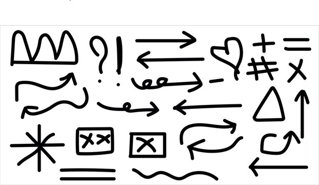 A collection of 25 unique hand drawn symbols arrows and mathematical signs