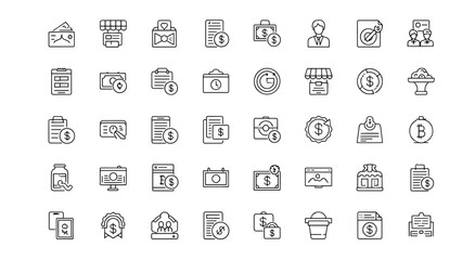 A collection of forty-two black and white line-art icons depicting various business and financial concepts, like money and transactions © Ketapang