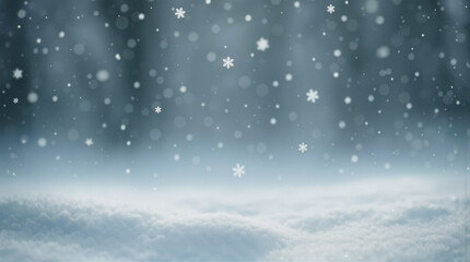 Snowflakes drift down from a gray sky onto a white, fluffy layer of snow. The scene shows a winter landscape with no visible people or objects. The atmosphere feels cold and serene
