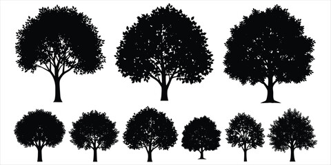Nine black silhouettes of lush green trees with dense foliage on a white background Keywords: tree, trees, silhouette, black