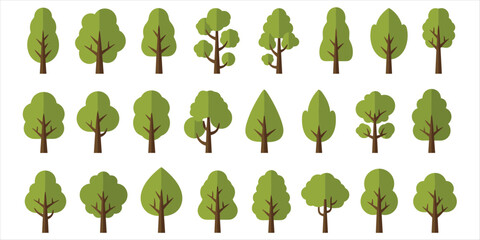 Set of 21 flat design green trees with brown trunks and branches on a white background Keywords: tree, trees, nature, green