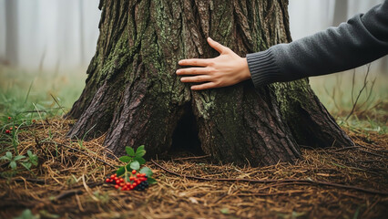 Hand resting on tree trunk in misty forest with red berries below  
