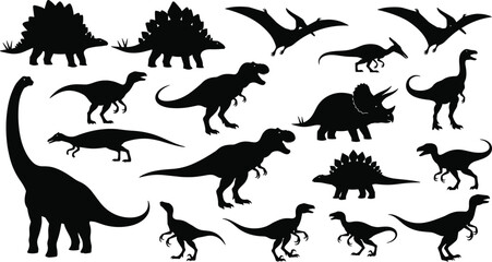 Black dinosaur silhouettes collection illustration, prehistoric reptiles set including tyrannosaurus stegosaurus triceratops pterosaurs, educational science vector design © Jisan World