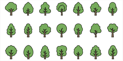 Set of Flat Design Green Trees with Brown Trunks and Black Outlines leaf