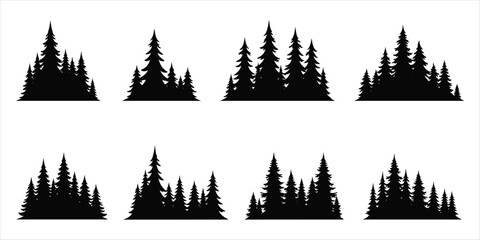 Silhouetted Pine Forest Clusters on White Background Keywords: forest, pine, tree, fir, spruce, conifer, silhouette, black