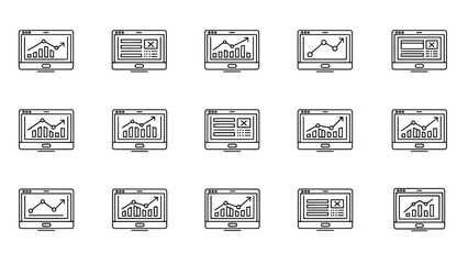 Fototapeta premium A collection of fifteen minimalist line-art illustrations, each depicting a tablet displaying business charts or data