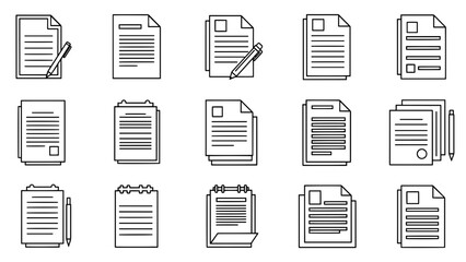 A collection of fifteen minimalist, outlined document icons. These icons represent various paper styles and are ideal for business themes