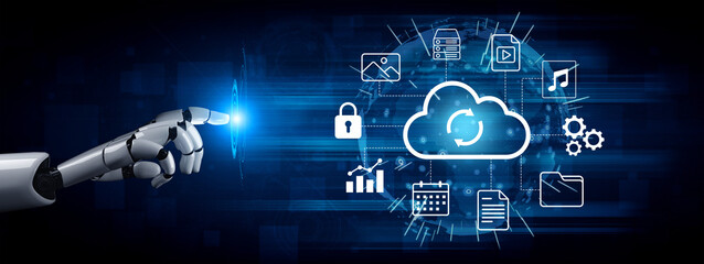 A robotic hand interacts with cloud computing icons, symbolizing the merging of technology and data management. This image represents innovation and connectivity in the digital era. Gantry
