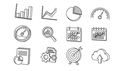 A collection of hand-drawn data visualization icons, including charts, graphs, a magnifying glass, target, cloud, calendar, and gears. All icons are rendered in simple line art style