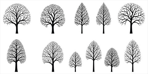 Ten Black Silhouette Trees with Intricate Branching on White Background dark