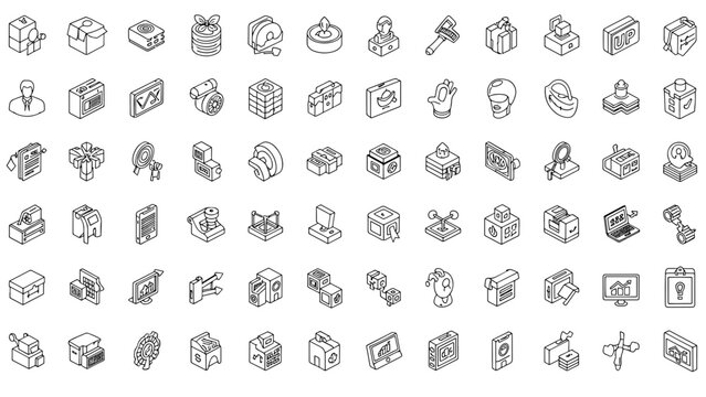 A collection of fifty-six different black and white isometric illustrations depicting various objects and concepts, all outlined