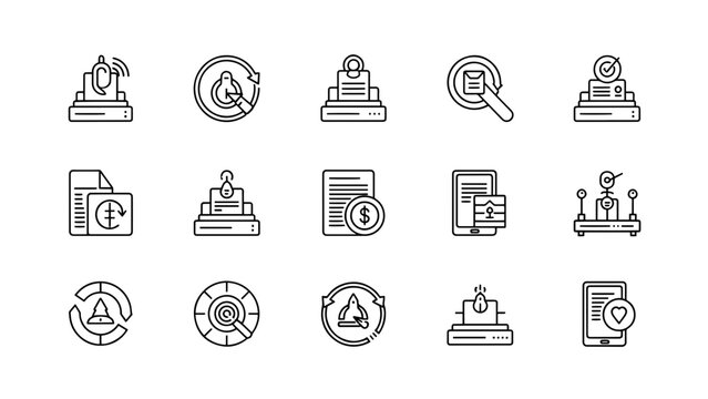 A collection of fifteen black and white line icons representing various concepts like processing, security, analytics, and communication