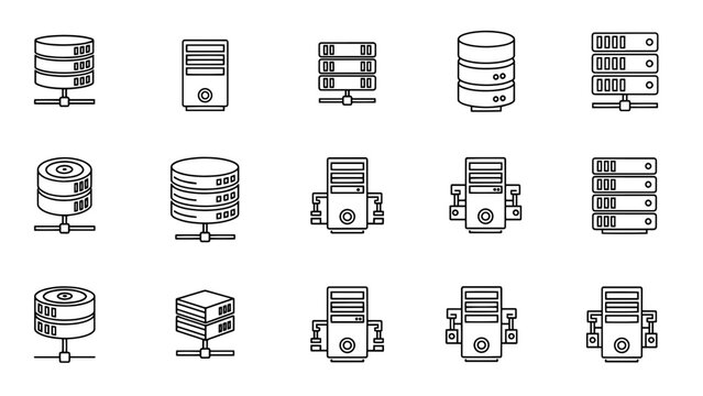 A collection of fifteen black and white, minimalist line art illustrations of data servers and computer tower icons arranged on a white background