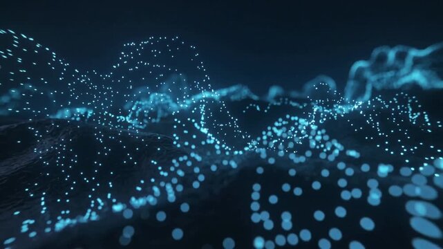 Blue digital dots cyber texture technological background making large slow digital wave.Slow motion video.AI Generative.
