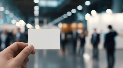 Business networking at a trade fair young professional holds blank card opportunity awaits