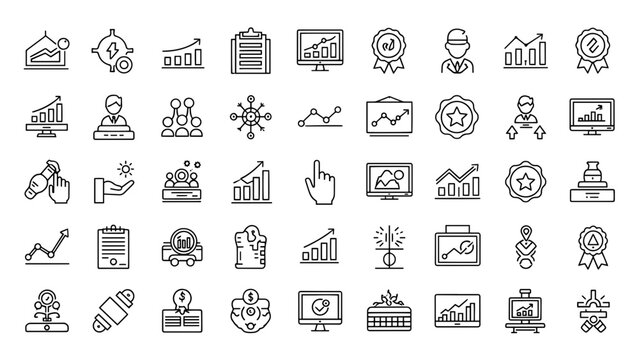 A collection of 49 black and white line-art business and finance icons, including charts, graphs, people, and awards