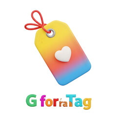 3D icon of a colorful gift tag with a heart, representing 'G for Tag'