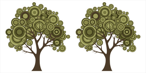Two Stylized Trees with Concentric Circle Foliage on White Background Keywords: tree, stylized, abstract, art, design, green