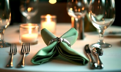 Close up of table setting with wine glasses candles and folded green napkin