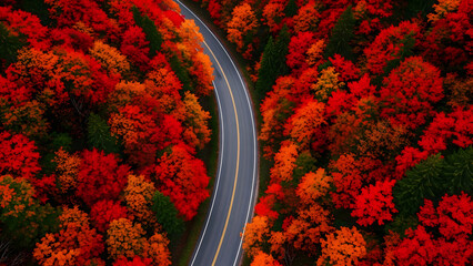 Aerial view of winding road through vibrant autumn forest with colorful trees and foliage
