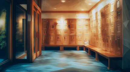 木の香りが残る温泉旅館の玄関で、整然と並ぶ下駄箱が非日常の滞在を予感させる静かな情景の水彩ポリゴン