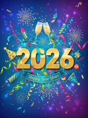 Colorful 2026 New Year Celebration with Fireworks, Confetti, and Festive Balloons.