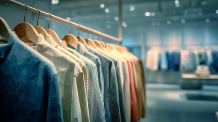 整然と並ぶ衣類を支えるハンガーラックが、清潔感あるアパレル売り場の世界観を形づくる情景の水彩ポリゴン