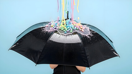 A person holding a black umbrella with colorful confetti on a blue background