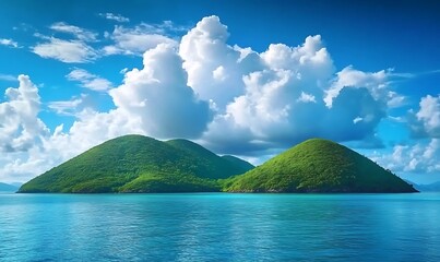 Beautiful green islands under blue cloudy sky in sea on bright summer day