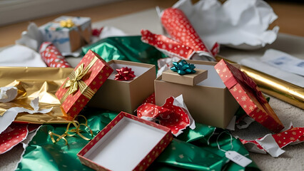 A pile of wrapped gifts and gift boxes in various colors and patterns on a table or surface with ribbons and bows