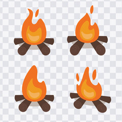 Doodle Flat Clipart Set of Burning Bonfires Campsite Element Collection