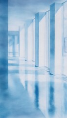 Fototapeta premium Serene modern office hallway watercolor illustration evokes tranquility and spacious design concepts