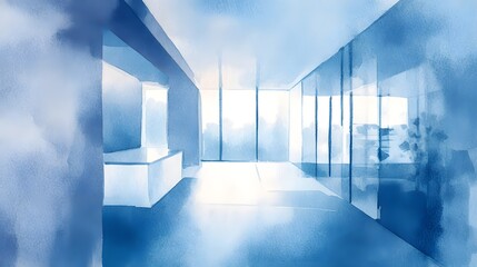 Obraz premium Serene modern office hallway watercolor illustration evokes calm open space design concept