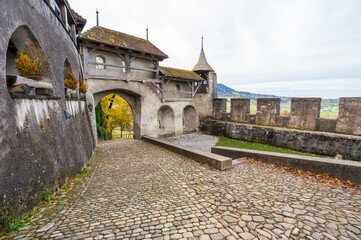 Gruyeres Castle stone wall. Gruyeres, Canton of Fribourg, Switzerland.