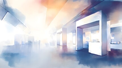 Modern Exhibition Booth Watercolor Illustration Minimal Design Background Serene Light Gradients