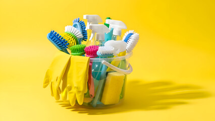 Cleaning supplies in bucket on yellow background with brushes and gloves