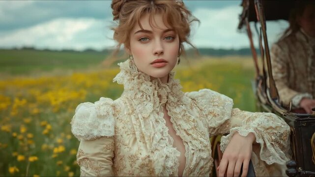 Young woman, 1800s fashion, elegant high neck lace gown with ruffles, leaning against an ornate carriage in a vast field of bright yellow blooms, serene gaze.