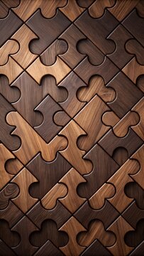 Seamless wooden jigsaw pattern wallpaper, dark luxury wood textures, realistic depth and shadows, minimal modern smartphone lock screen background, ultra-high resolution 4K vertical, no text, no water