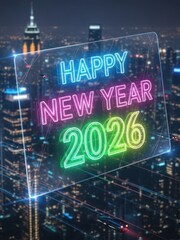 Neon Happy New Year 2026 Sign Over City Skyline Nighttime Celebration.