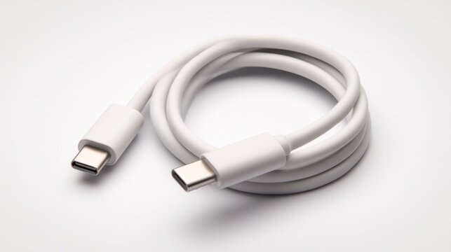 White USB-C Cable on White Background, Coiled for Charging and Data Transfer.