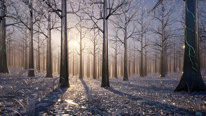 Snowy forest landscape with sun shining through bare trees,  winter scene with snow covered ground and sunlight filtering through